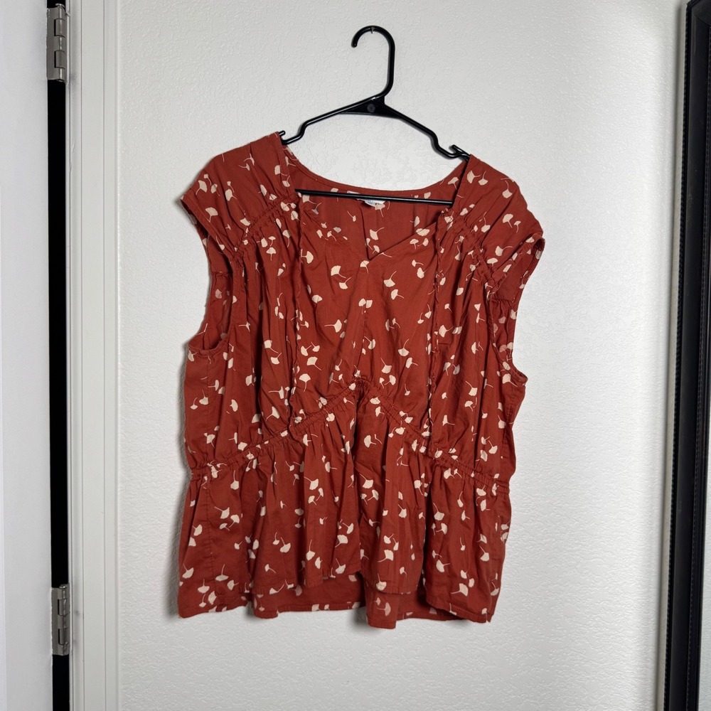 Time and Tru Peplum Blouse Womens XXL 20 Rust Ginkgo Leaf Print Boho V-Neck Top